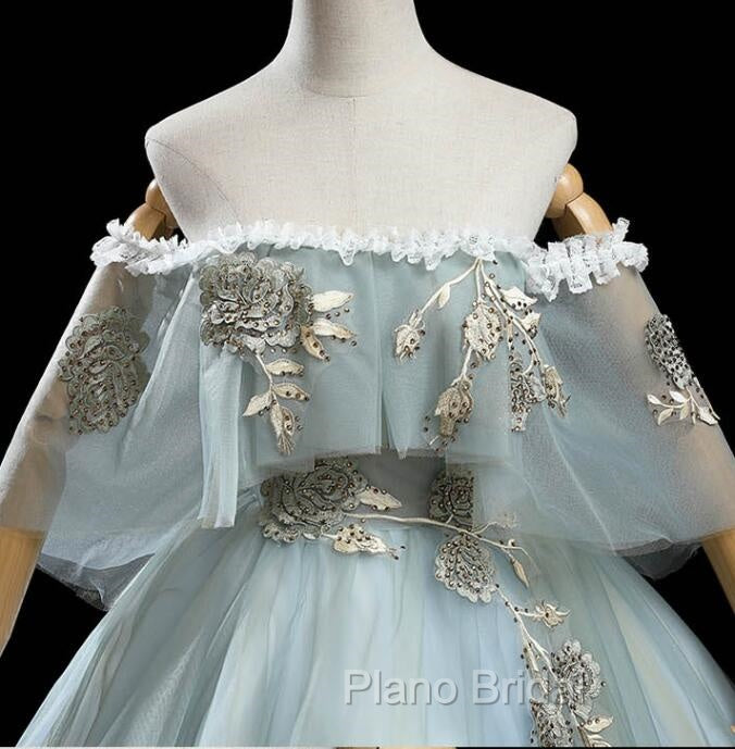 Charming Princess Light Green Tulle with Lace Flowers Formal Prom Dresses, Light Green Party Dresses