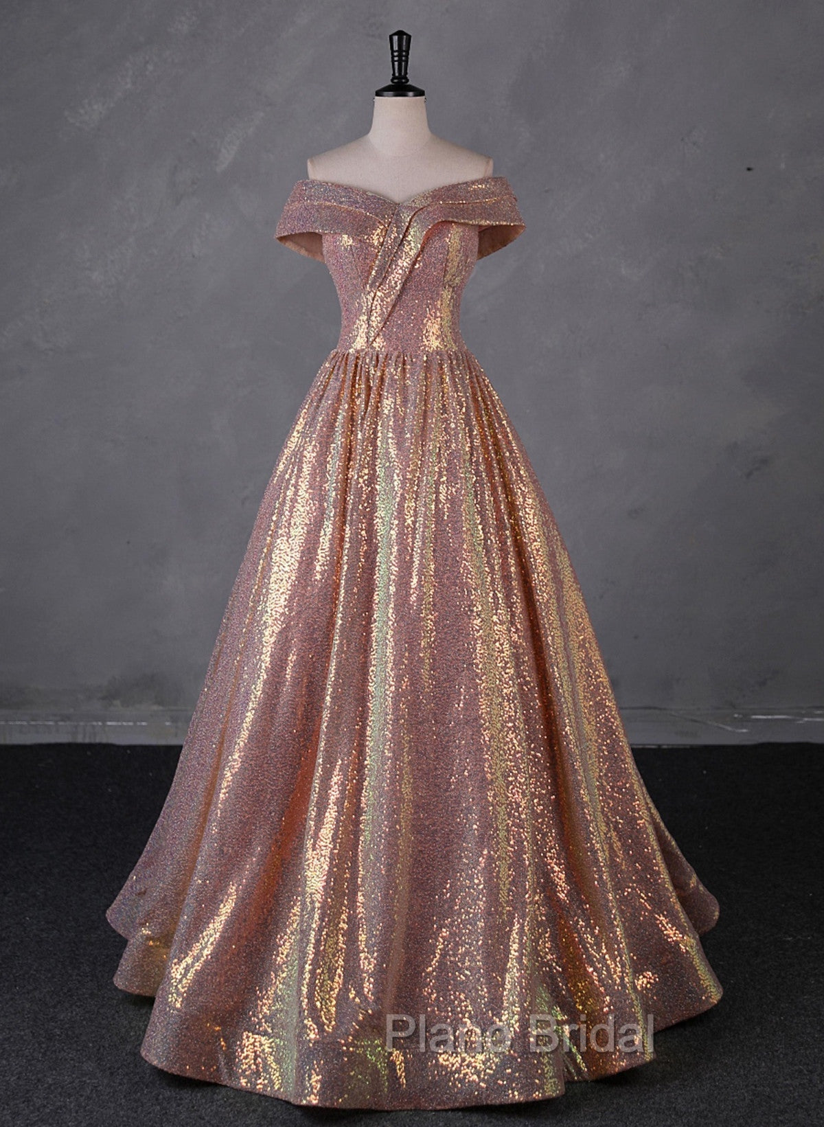 Charming Rose Gold Sequins Long Party Dresses, Off Shoulder Sequins Formal Prom Dresses Secondary image