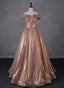 Charming Rose Gold Sequins Long Party Dresses, Off Shoulder Sequins Formal Prom Dresses