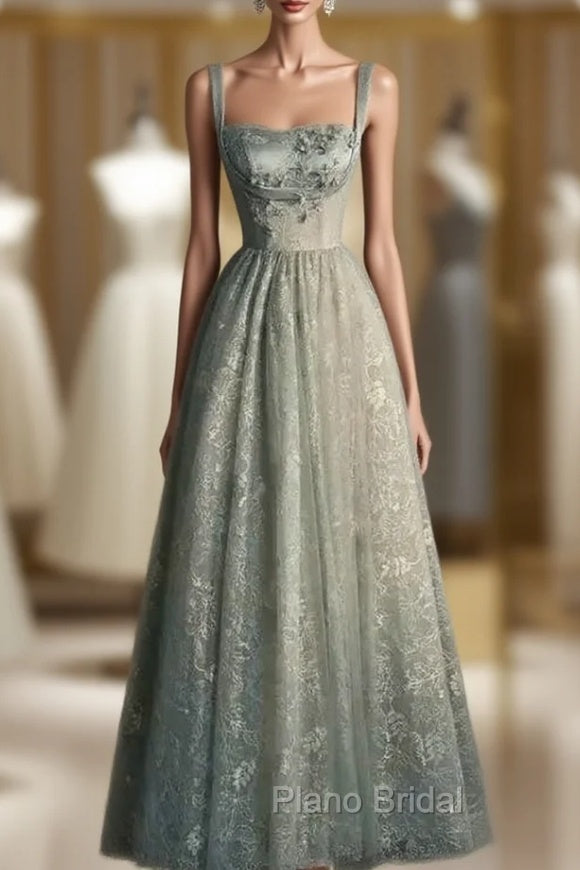 Charming Sage Green Long Tulle Lace Formal Prom Dresses A Line Party Evening Dresses Main image