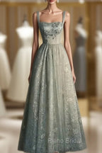 Charming Sage Green Long Tulle Lace Formal Prom Dresses A Line Party Evening Dresses