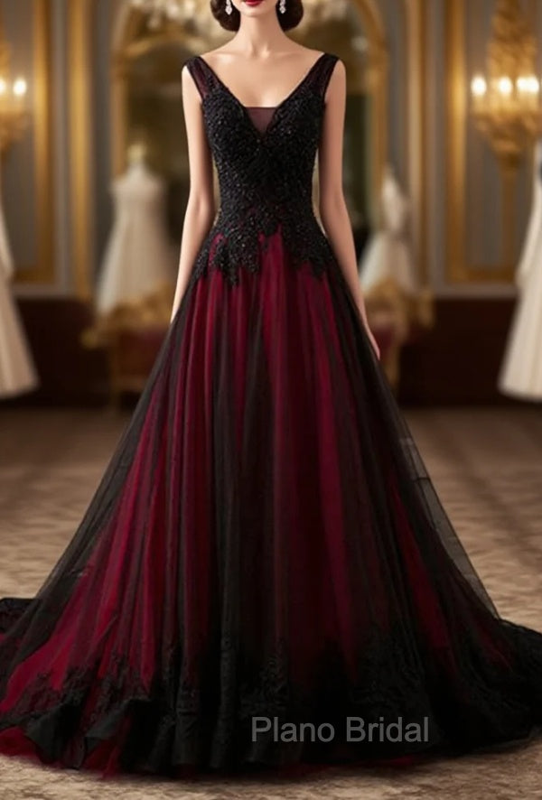 Charming Sleeveless Black and Red Lace Appliques Beaded Party Dresses, Low Back Formal Prom Dresses Secondary image