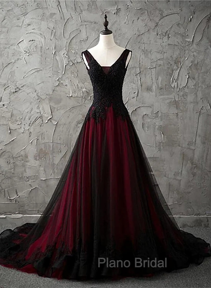 Charming Sleeveless Black and Red Lace Appliques Beaded Party Dresses, Low Back Formal Prom Dresses Main image