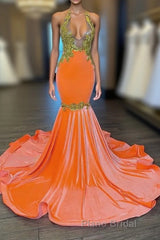 Charming Sleeveless Halter Backless Mermaid Formal Prom Dress With Gold Beading