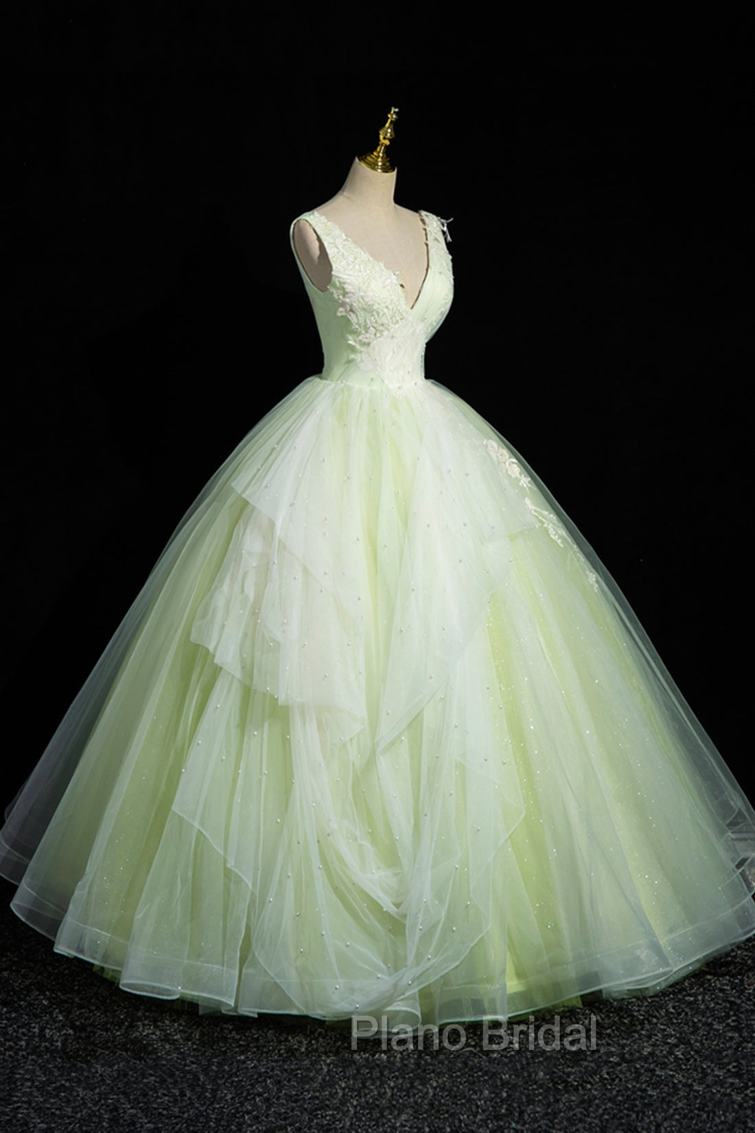 Charming Tulle Lace Green Formal Prom Dresses, V-Neck Sleeveless Floor-Length Formal Evening Dresses