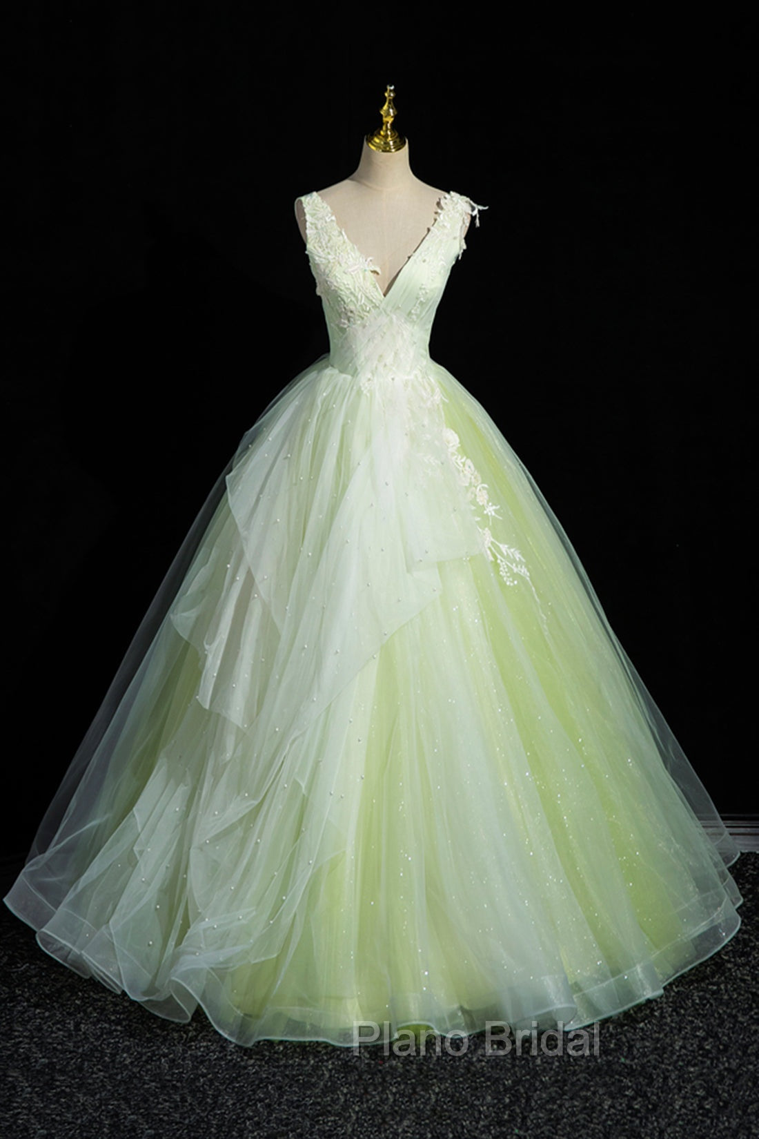 Charming Tulle Lace Green Formal Prom Dresses, V-Neck Sleeveless Floor-Length Formal Evening Dresses Main image