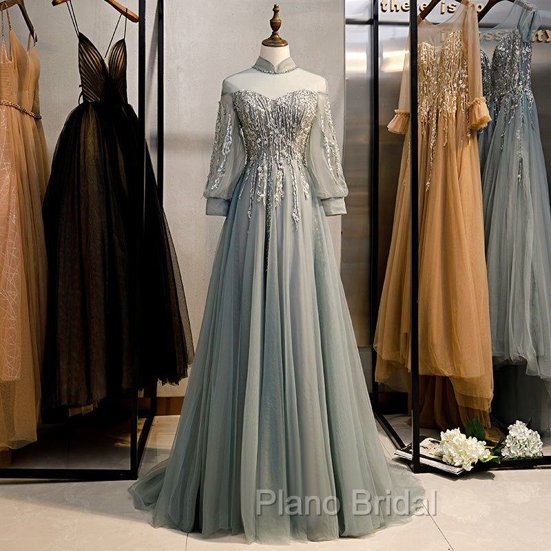 Charming Tulle Long Sleeves Beaded and Lace Long Party Dresses, A-line Tulle Formal Gown Secondary image