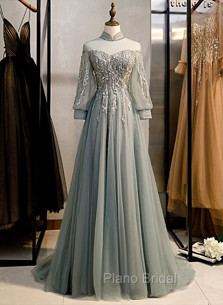 Charming Tulle Long Sleeves Beaded and Lace Long Party Dresses, A-line Tulle Formal Gown Main image