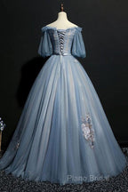 Charming Tulle Puffy Sleeves Long Formal Gown, Formal Prom Dresses
