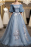 Charming Tulle Puffy Sleeves Long Formal Gown, Formal Prom Dresses