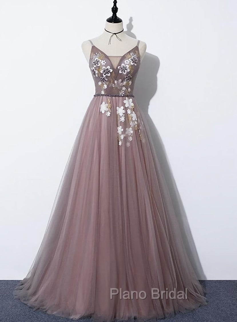 Charming V-neckline Flowers Dark Pink Formal Prom Gown, Long Formal Dresses Main image