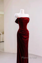 Charming Wine Red Mermaid Off Shoulder Velvet Formal Dresses, Wine Red Long Formal Prom Dresses