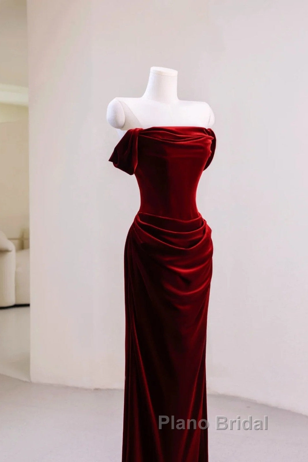 Charming Wine Red Mermaid Off Shoulder Velvet Formal Dresses, Wine Red Long Formal Prom Dresses