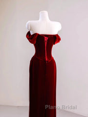 Charming Wine Red Mermaid Off Shoulder Velvet Formal Dresses, Wine Red Long Formal Prom Dresses
