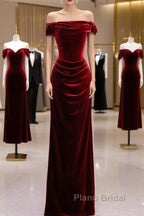 Charming Wine Red Mermaid Off Shoulder Velvet Formal Dresses, Wine Red Long Formal Prom Dresses