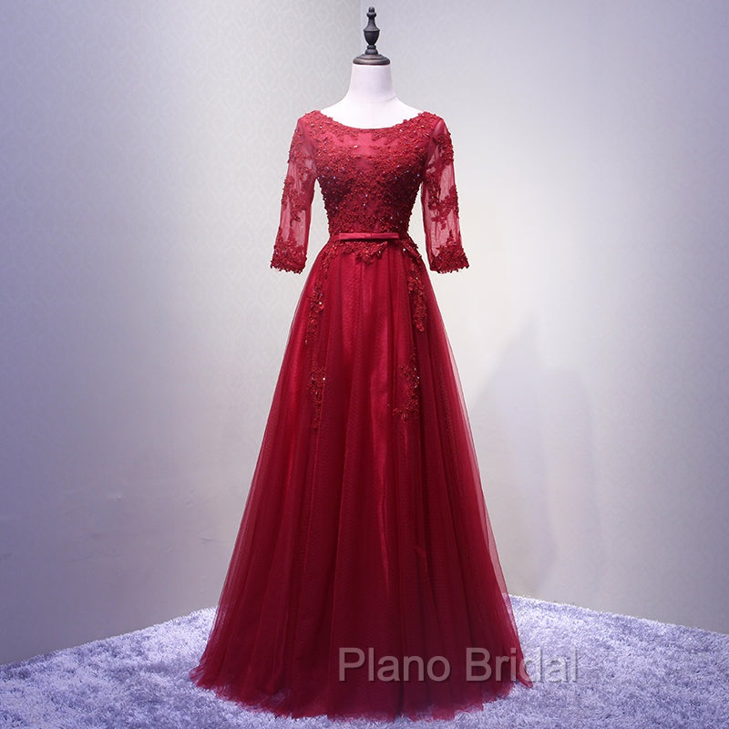 Charming Wine Red Short Sleeves Lace Applique Wedding Party Dresses, Formal Gown Secondary image