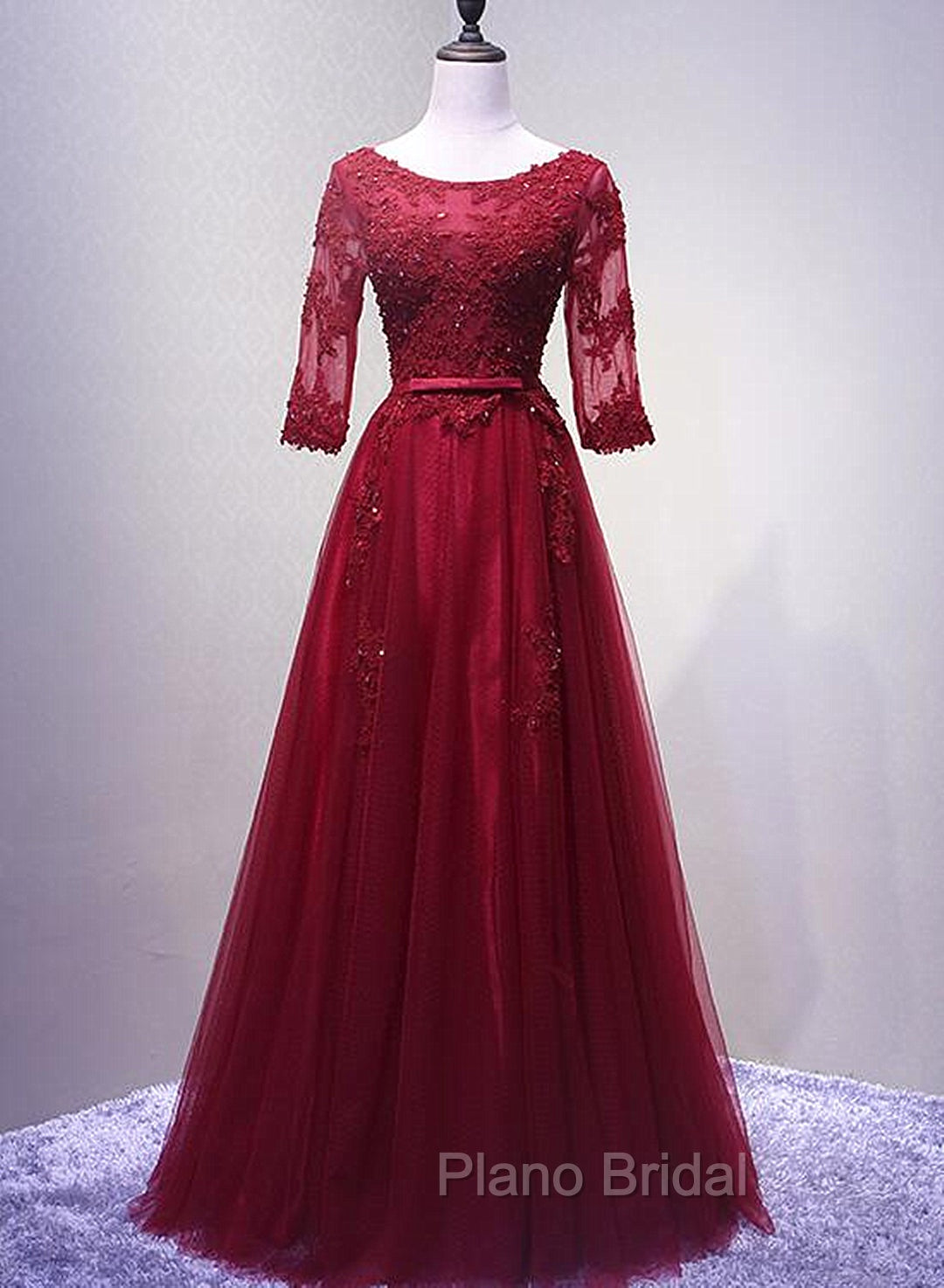 Charming Wine Red Short Sleeves Lace Applique Wedding Party Dresses, Formal Gown Main image