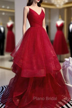 Charming Wine Red Straps Sweetehart Layers Tulle Formal Prom Dresses, Long Party Dresses
