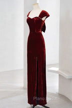 Charming Wine Red Velvet Cap Sleeves Long Party Dresses, Wedding Party Dresses