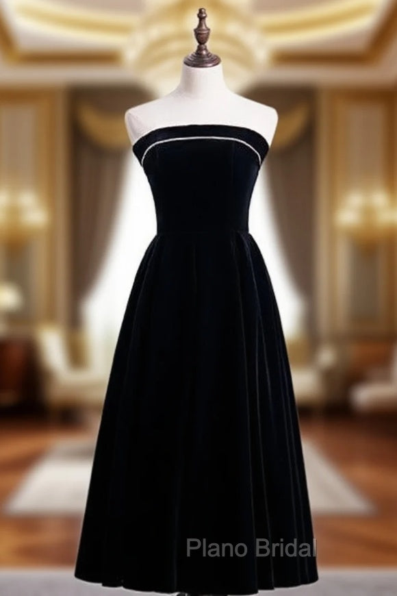 Cheap Black Velvet Strapless Tea Length Formal Prom Dresses Main image