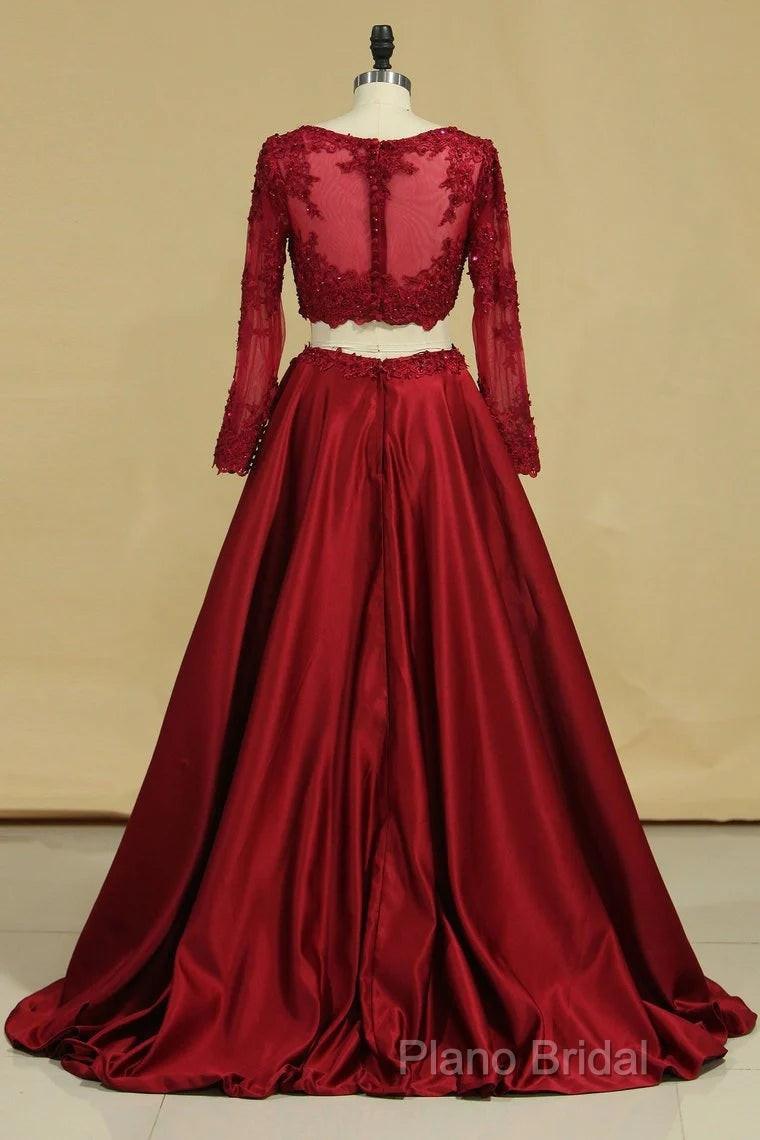 Cheap Burgundy Two-Piece Formal Prom Dresses A Line Satin Lace Applique Secondary image