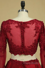 Cheap Burgundy Two-Piece Formal Prom Dresses A Line Satin Lace Applique