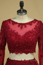 Cheap Burgundy Two-Piece Formal Prom Dresses A Line Satin Lace Applique