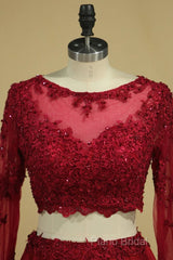 Cheap Burgundy Two-Piece Formal Prom Dresses A Line Satin Lace Applique