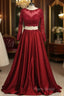 Cheap Burgundy Two-Piece Formal Prom Dresses A Line Satin Lace Applique