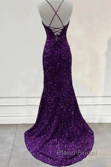 Cheap Dark Purple Formal Prom Dresses Sequin Mermaid Formal Evening Dresses Split