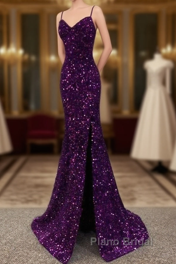 Cheap Dark Purple Formal Prom Dresses Sequin Mermaid Formal Evening Dresses Split Main image