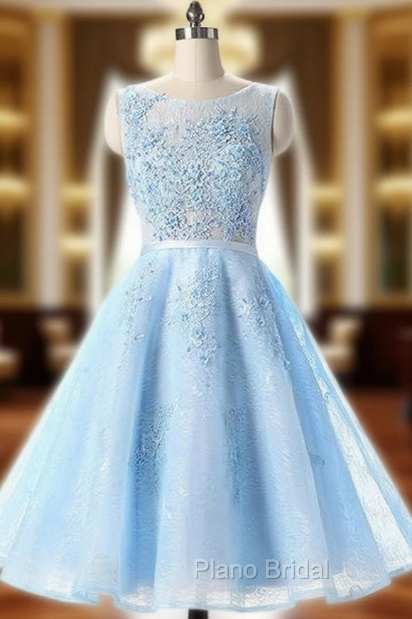 Cheap Light Blue Appliqued Sleeveless Lace Homecoming Dresses