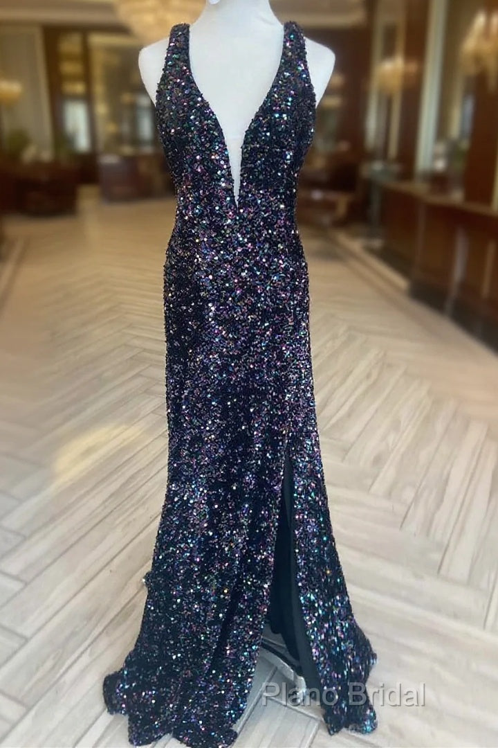 Cheap Meremaid Iridescent Sequin Formal Prom Dresses Cheap V Neck Long Formal Dresses Main image