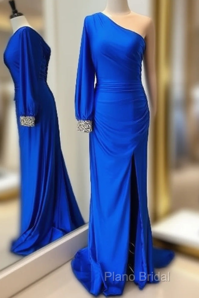 Cheap Mermaid One Shoulder Formal Prom Dresses Royal Blue Long Sleeve Party Dresses Main image