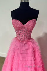 Yellow Lace-Up Floral Multi-Layers Strapless A-line Long Formal Prom Dresses