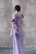 Chic A Line Scoop Lilac Long Formal Prom Dresses Birthday Dresses With Ruffles