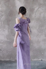 Chic A Line Scoop Lilac Long Formal Prom Dresses Birthday Dresses With Ruffles