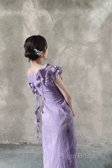 Chic A Line Scoop Lilac Long Formal Prom Dresses Birthday Dresses With Ruffles