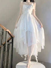 Chic A Line Spaghetti Straps Chiffon White Ankle Length Birthday Dresses Birthday Outfits