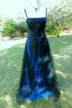 Chic A Line Spaghetti  Straps Navy Blue Tulle Evening Dresses Long Formal Prom Dresses