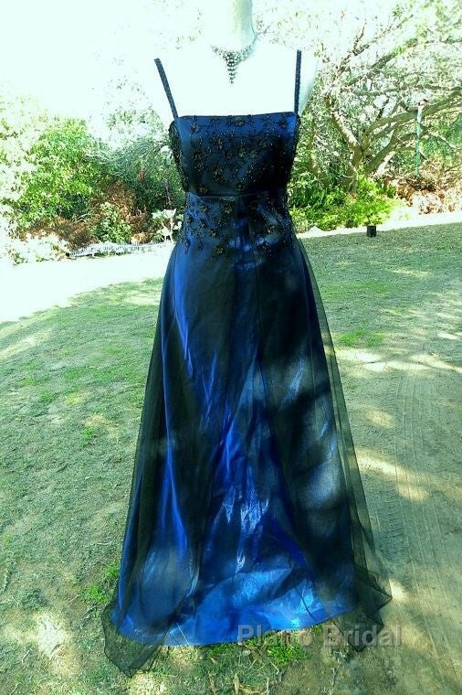 Chic A Line Spaghetti  Straps Navy Blue Tulle Evening Dresses Long Formal Prom Dresses