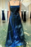 Chic A Line Spaghetti  Straps Navy Blue Tulle Evening Dresses Long Formal Prom Dresses
