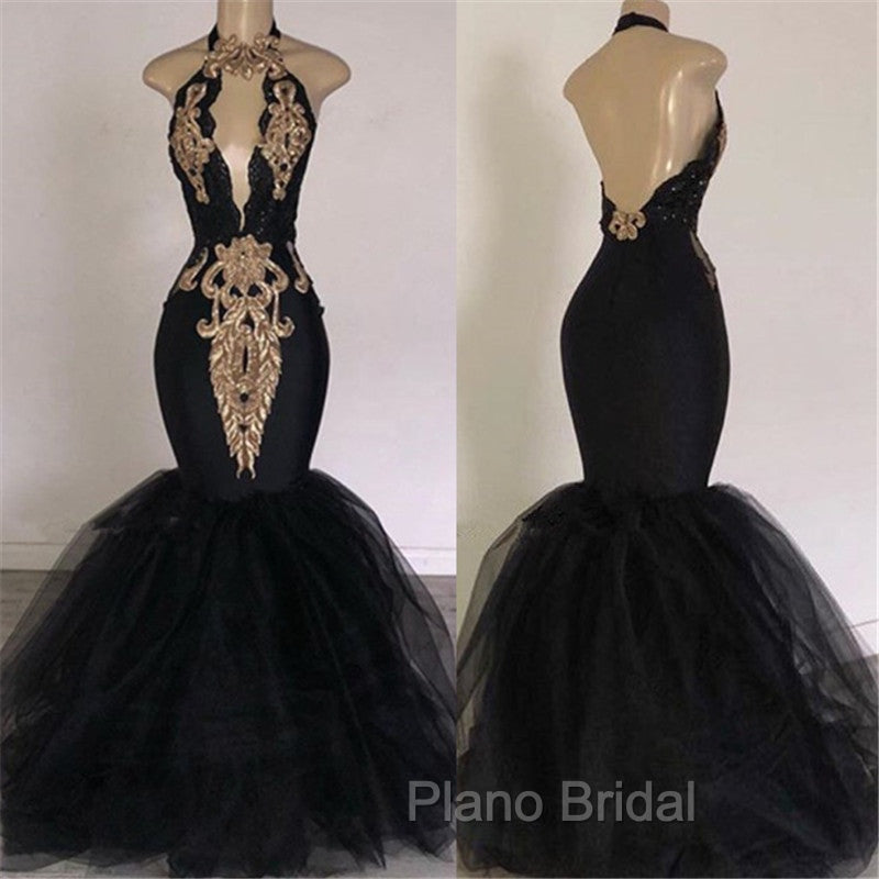 Chic Backless Formal Prom Dresses with Gold Appliques Mermaid Halter Evening Gowns with Keyhole Secondary image