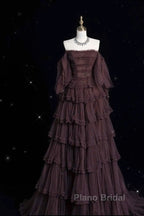 Chic Ball Gown Off The Shoulder Long Sleeves Evening Dresses Tulle Long Formal Prom Dresses