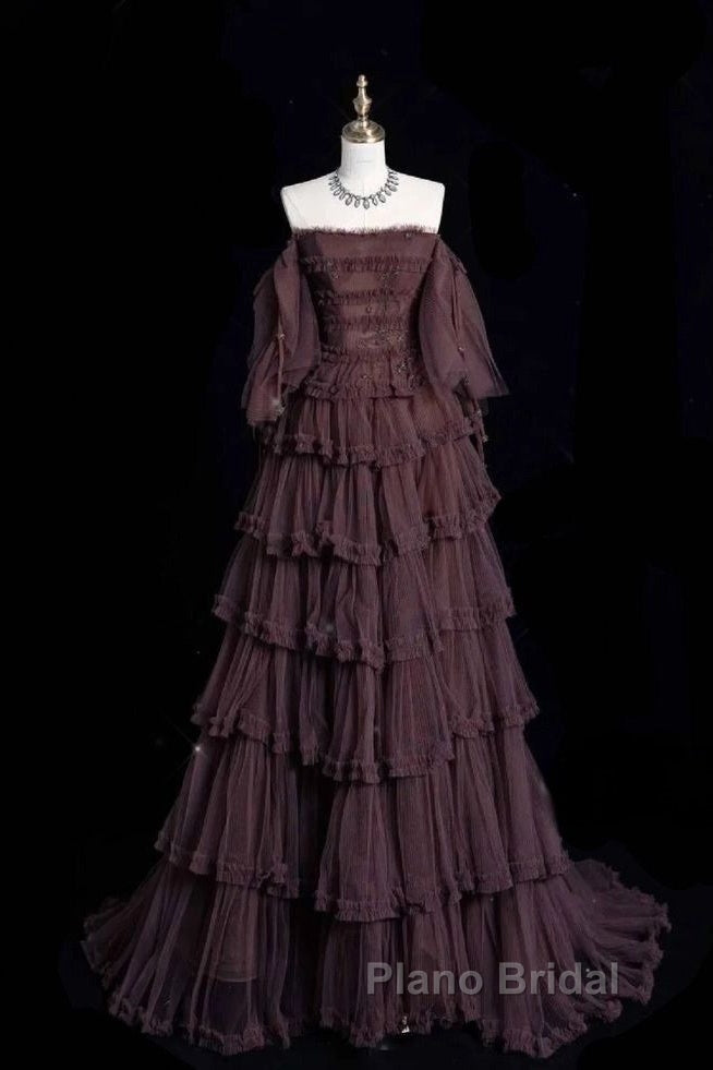 Chic Ball Gown Off The Shoulder Long Sleeves Evening Dresses Tulle Long Formal Prom Dresses