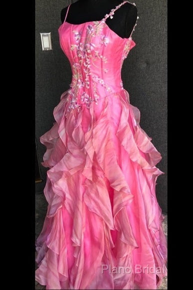 Chic Ball Gown Spaghetti Straps Pink Satin Formal Dresses Long Formal Prom Dresses With Embroidered Secondary image