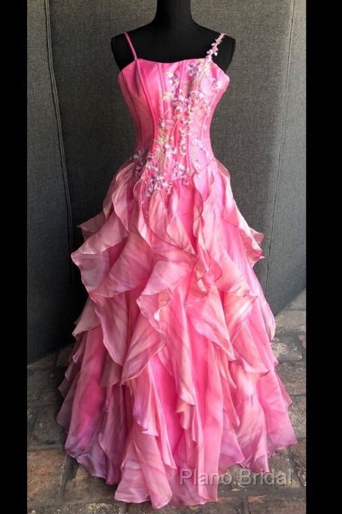 Chic Ball Gown Spaghetti Straps Pink Satin Formal Dresses Long Formal Prom Dresses With Embroidered