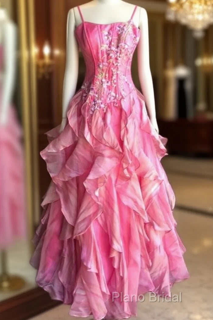 Chic Ball Gown Spaghetti Straps Pink Satin Formal Dresses Long Formal Prom Dresses With Embroidered Main image