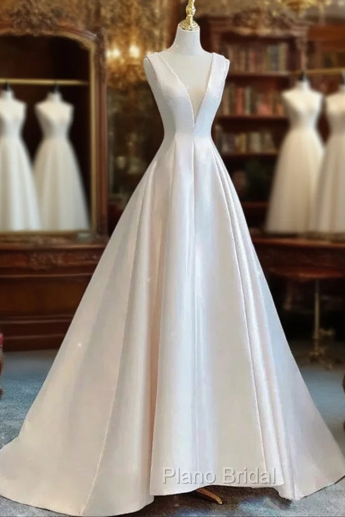 Chic Ball Gown V neckline Sleeveless Ivory Satin Long Wedding Dresses With Bow Main image
