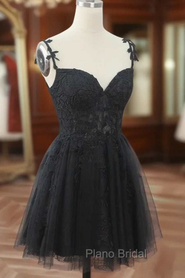 Chic Black Lace Straps Tulle Short Party Drss, Black Sweetheart Homecoming Dresses Main image
